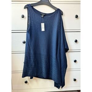 NWT WHITE HOUSE BLACK MARKET XS ASYMMETRIC DRAPE SLEEVE SHIMMER SWEATER NAVY $88